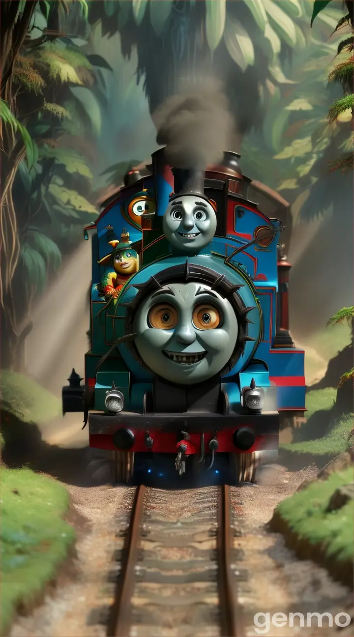 Thomas the train with giant spider legs and sharp teeth, angry, cinematic effect, lighting, in deep jungle