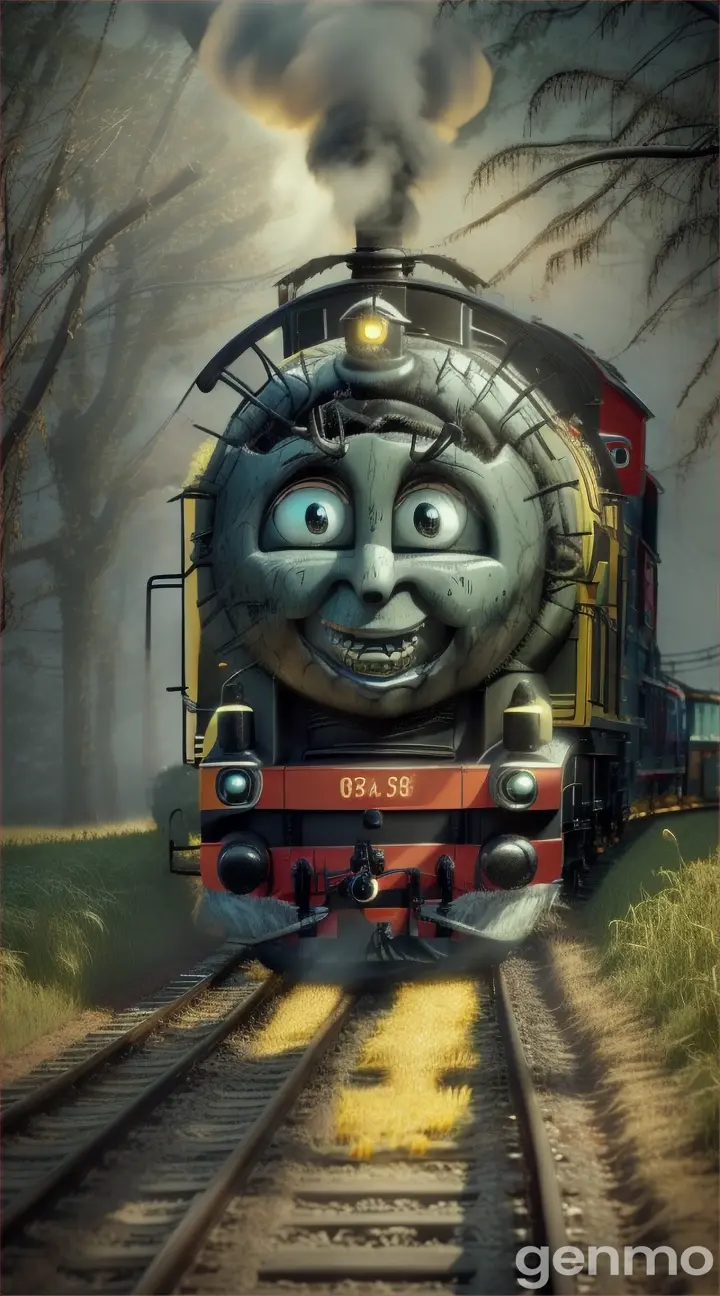 image of Encounter the terrifying Thomas train .exe with antlers and giant spider legs, lurking deep in a banana field with an old, molded face that chills to the bone. This spine-chilling version of Thomas the Train will haunt your nightmares. 