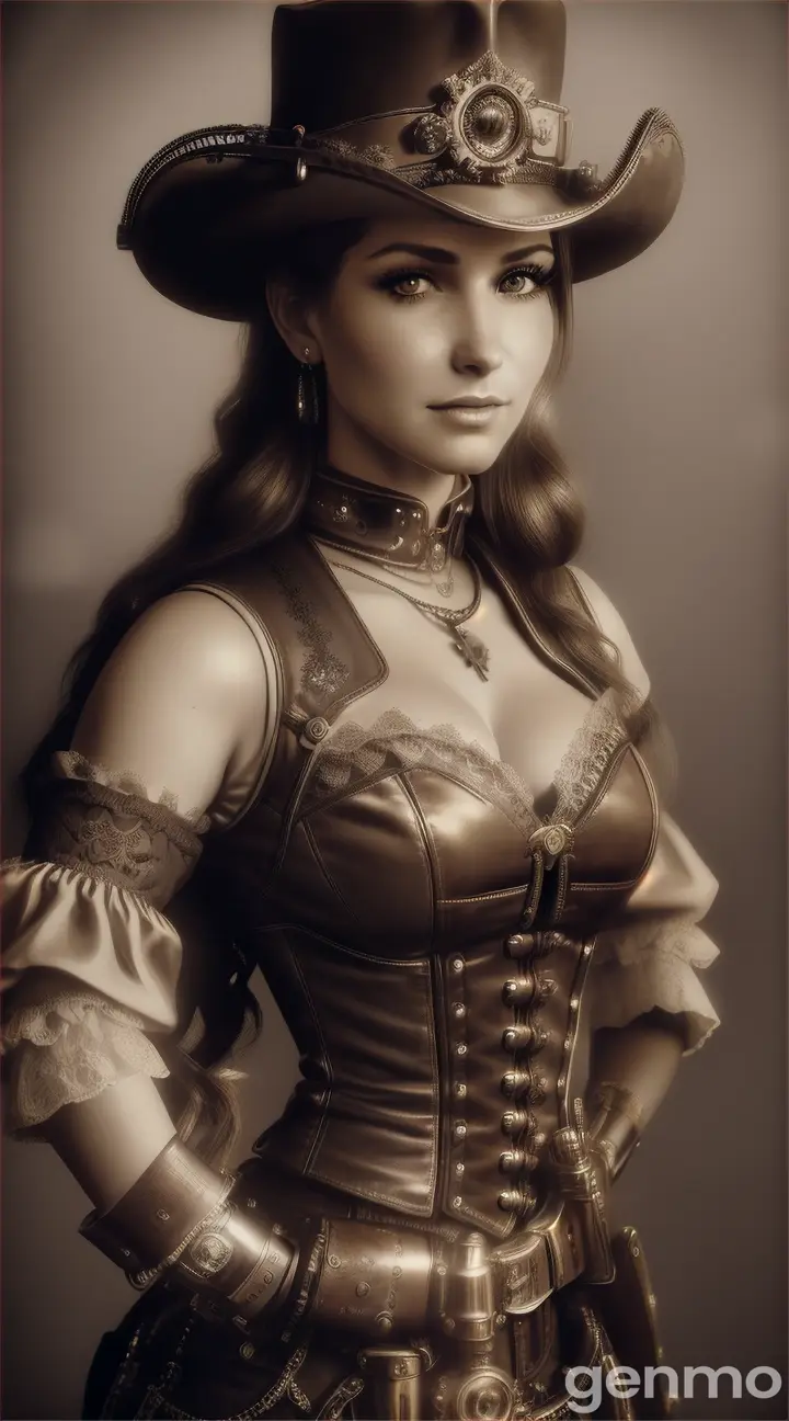 hyper-realistic steampunk young woman like a cowgirl in a steampunk saloon, with guns, shotguns, steampunk gears, and climate