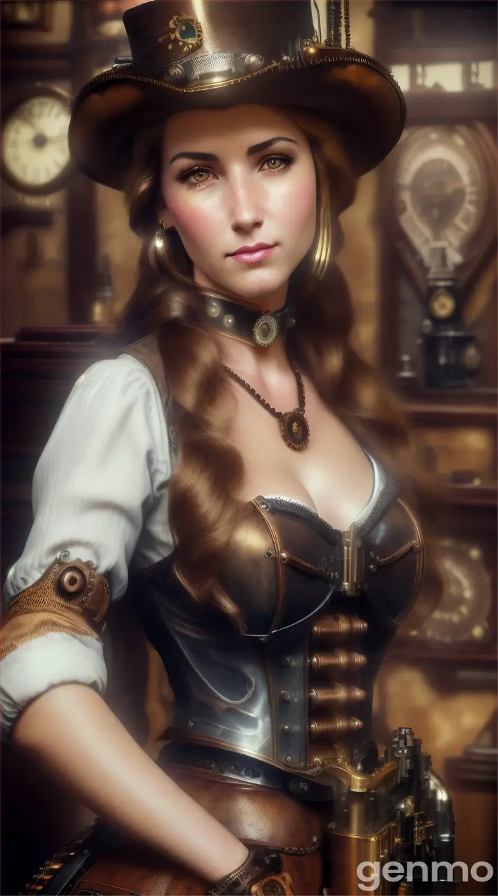 hyper-realistic steampunk young woman like a cowgirl in a steampunk saloon, with guns, shotguns, steampunk gears, and climate, sepia, old photography