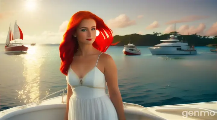 a beautiful woman with red hair is standing on a boat in a white dress, a dolphin jumps out of the water to meet a boat that is sailing on the sea