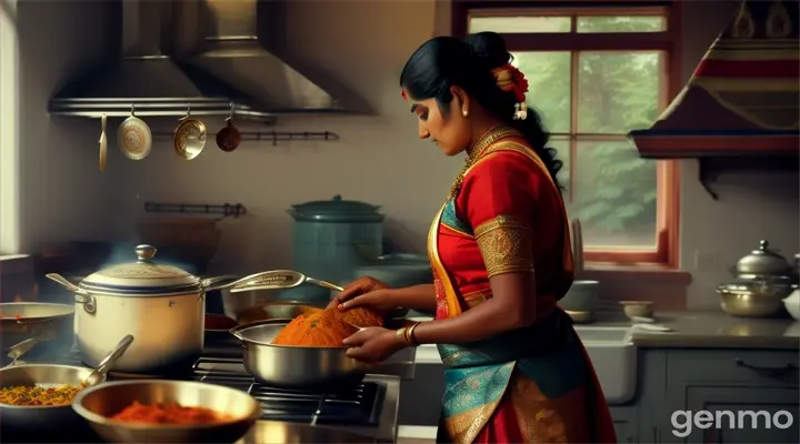 backside view of a indian lady who is cooking in kitchen