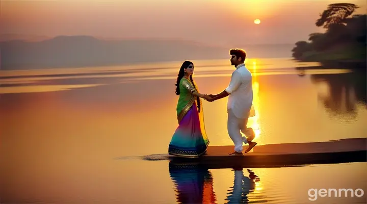 An 8k wide shot of a 90s Bollywood romantic song scene, set by a serene lakeside at sunset. A Pakistani couple, dressed in classic 90s attire—she in a colorful chiffon saree, he in a crisp white shirt and jeans—sways gently to the music. The golden hues of the setting sun reflect on the tranquil water, creating a mesmerizing backdrop. The lush greenery and blooming flowers surrounding them add to the romantic atmosphere.
