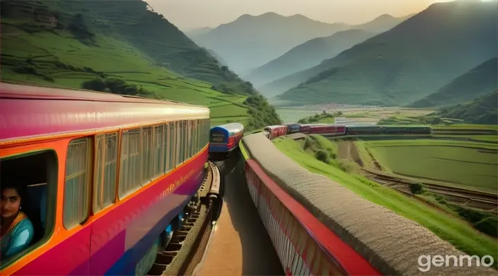 An 8k wide shot of a 90s Bollywood romantic song scene, featuring a Pakistani couple on the roof of a moving train. The girl, wearing a vibrant salwar kameez, holds onto her dupatta as it flutters in the wind. The boy, in a casual shirt and jeans, gazes at her with adoration. The train snakes through picturesque landscapes of rolling hills and lush fields, capturing the essence of a classic Bollywood train journey romance.