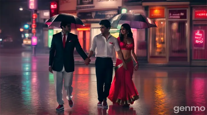 An 8k wide shot of a 90s Bollywood romantic song scene set in a bustling city street during a rainstorm. A Pakistani couple, the girl in a red saree and the boy in a white shirt and black pants, dance joyfully in the rain. The neon lights of nearby shops and the reflections on the wet pavement create a vibrant and romantic atmosphere. Pedestrians with colorful umbrellas add to the cinematic charm of the scene.