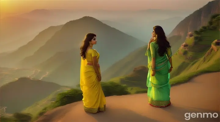 An 8k wide shot of a 90s Bollywood romantic song scene on a hilltop overlooking a sprawling valley. The Pakistani couple stands on a grassy knoll, surrounded by wildflowers, with the vast expanse of the valley and distant mountains providing a breathtaking backdrop. She wears a flowing yellow saree, and he dons a casual t-shirt and jeans. The wind gently ruffles their hair as they share an intimate moment, lost in each other’s eyes.