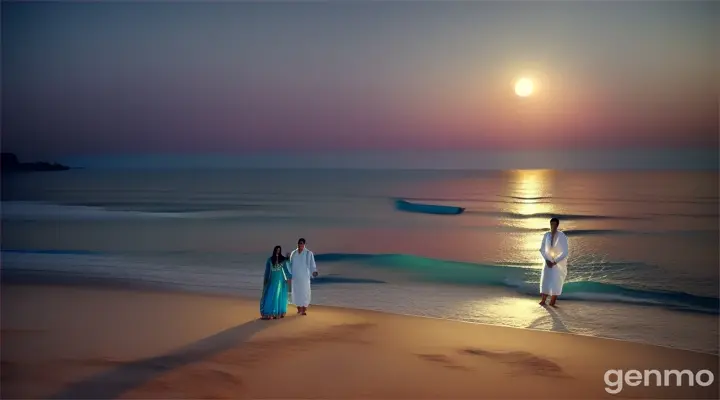 An 8k wide shot of a 90s Bollywood romantic song scene on a moonlit beach. The Pakistani couple strolls hand in hand along the shoreline, their footprints trailing behind them. The girl, dressed in a light blue saree, and the boy, in a white kurta and jeans, are illuminated by the soft glow of the full moon. The gentle waves lapping at their feet and the sound of the ocean create a serene and romantic ambiance.