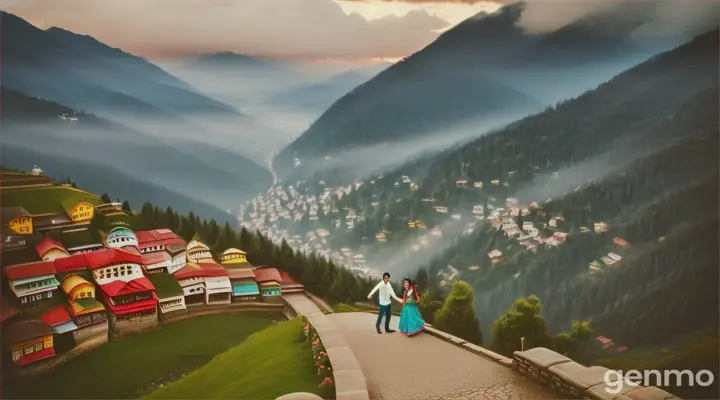 An 8k wide shot of a 90s Bollywood romantic song scene set in the picturesque hill station of Murree. The Pakistani couple, the girl in a flowing red saree and the boy in a leather jacket and jeans, dance on a cobblestone path lined with quaint shops and blooming flowers. Locals and tourists gather around, watching them with smiles as the misty mountains and pine trees create a serene and enchanting backdrop