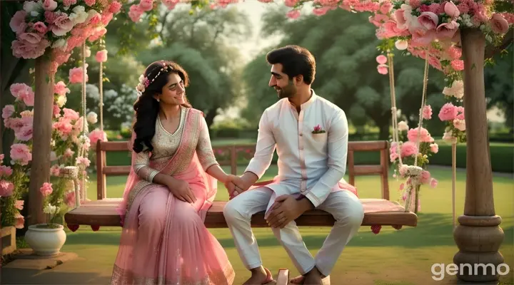 An 8k wide shot of a Pakistani couple in love, set in a lush, blooming garden. The girl, dressed in a delicate pink saree, sits on a wooden swing adorned with flowers. The boy, in a white kurta and jeans, gently pushes the swing while they exchange shy smiles and tender glances. The camera captures the vibrant flowers, the soft sunlight filtering through the trees, and the couple’s gentle, blossoming romance, creating a scene full of innocence and love.