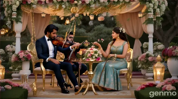 An 8k wide shot of a Pakistani couple at a luxurious garden party. The girl, in a stylish floral dress, sits on a chic swing adorned with flowers. The boy, in a tailored blazer and jeans, gently pushes her. Around them, elegantly dressed guests mingle and enjoy gourmet hors d'oeuvres, while a string quartet plays softly in the background. Waiters move through the crowd with trays of champagne, and children play near a decorative fountain, enhancing the festive and romantic atmosphere.