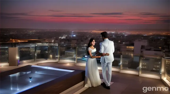 An 8k wide shot of a Pakistani couple sharing a romantic moment on a high-end rooftop lounge. The girl, in a sleek blue evening gown, stands by the glass railing overlooking the city skyline. The boy, in a crisp white shirt and black trousers, approaches her with a smile. In the background, groups of friends are seated on plush couches, enjoying cocktails and laughing. Soft ambient lighting and the bustling cityscape below create an intimate and luxurious setting.