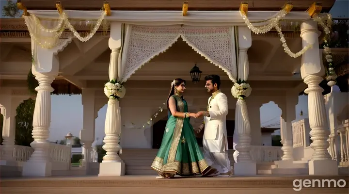 An 8k wide shot of a Pakistani couple at a high-end village-style wedding celebration. The girl, in a contemporary shalwar kameez with a modern twist, weaves a garland on the steps of a rustic yet luxurious house. The boy, in a modern kurta pajama, watches her with admiration. Wedding guests in elegant fusion wear dance around a central stage, where traditional musicians play lively tunes. The scene is filled with vibrant decorations, fairy lights, and the joyous energy of the celebration.