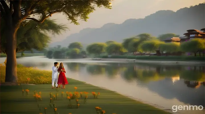 An 8k wide shot of a Pakistani couple by the riverside at a luxury resort. The girl, in a red sundress, stands barefoot on a pristine riverbank, while the boy, in a casual linen shirt and chinos, brings her a bouquet of wildflowers. Around them, resort guests lounge on stylish cabanas, swim in infinity pools, and partake in waterside activities. The scene is framed by lush greenery, and a serene river, creating a peaceful and romantic ambiance.