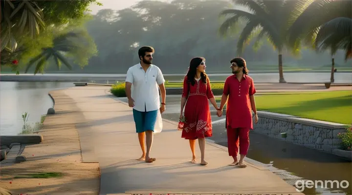 An 8k wide shot of a Pakistani couple by the riverside at a luxury resort. The girl, in a red sundress, stands barefoot on a pristine riverbank, while the boy, in a casual linen shirt and chinos, brings her a bouquet of wildflowers. Around them, resort guests lounge on stylish cabanas, swim in infinity pools, and partake in waterside activities. The scene is framed by lush greenery, and a serene river, creating a peaceful and romantic ambiance.