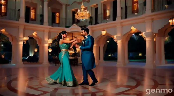 An 8k wide shot of a Pakistani couple in the courtyard of a luxurious mansion during a high-end gala. The girl, in a chic turquoise evening gown, dances gracefully, joined by the boy in a sharp blue suit. The courtyard is filled with elegantly dressed guests, enjoying live classical music and gourmet food. Waiters move seamlessly through the crowd with trays of appetizers, and a string quartet plays softly near a grand fountain, adding to the elegance and romance of the scene.