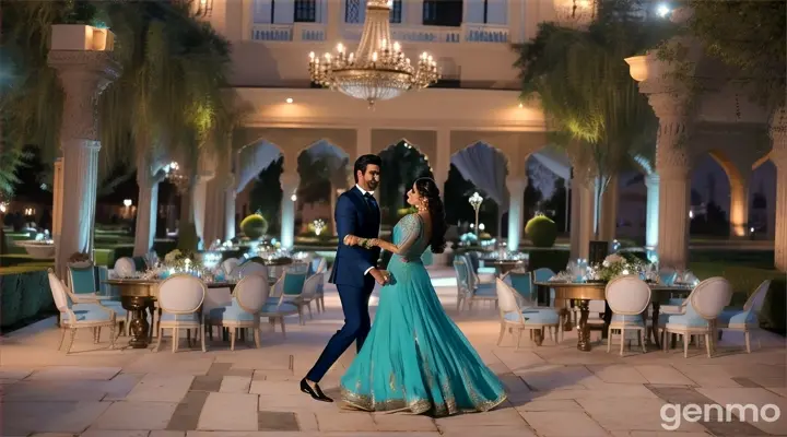 An 8k wide shot of a Pakistani couple in the courtyard of a luxurious mansion during a high-end gala. The girl, in a chic turquoise evening gown, dances gracefully, joined by the boy in a sharp blue suit. The courtyard is filled with elegantly dressed guests, enjoying live classical music and gourmet food. Waiters move seamlessly through the crowd with trays of appetizers, and a string quartet plays softly near a grand fountain, adding to the elegance and romance of the scene.