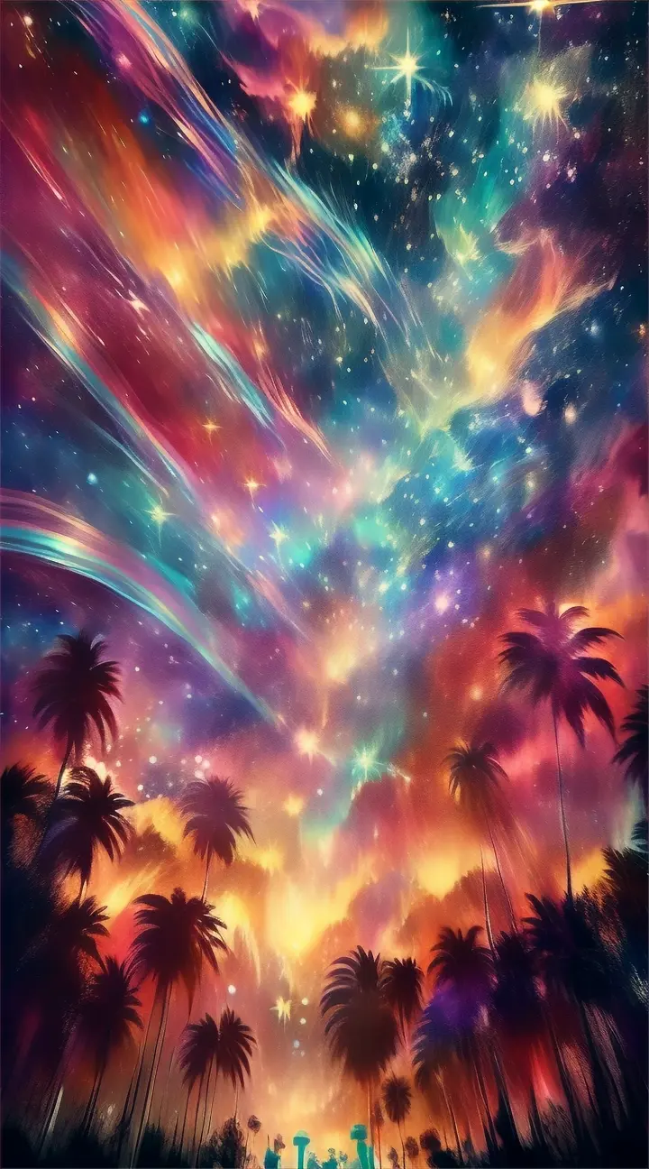 a painting of a night sky with palm trees