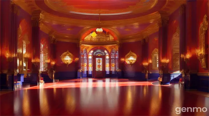 inside the club to a grand foyer that feels like stepping into a dream. The walls are a ultramarin, 
transitioning into red as they reach the high, domed ceiling. The floor is a glossy orange, reflecting the soft yellow sun 
lights that hang from the ceiling. 
The camera used should be a high - resolution 16k camera with a wide - angle lens to capture the full breadth of the scene. 
The lighting should be soft and warm, casting a warm, inviting glow throughout the space. 
The colors should be deep and saturated, with a focus on ultramarin, red, orange. 
The composition should be a wide shot, capturing the full interior of the foyer and the surrounding environment. 
--ar 16:9 --v 5.1 --style raw --q 2 --s 750