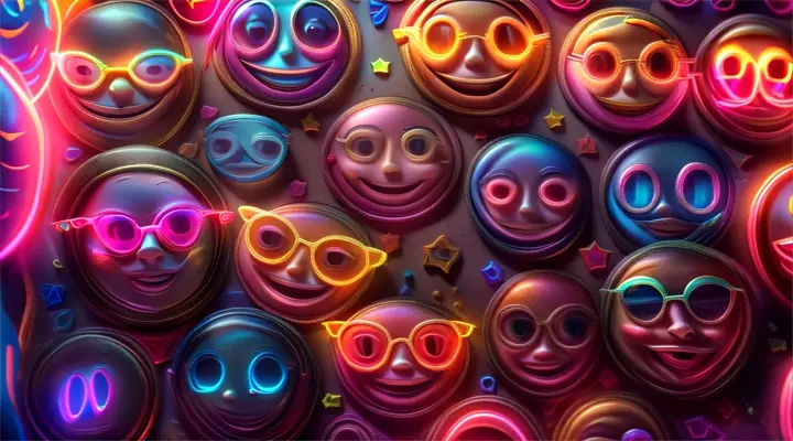 a group of smiley faces with neon glasses