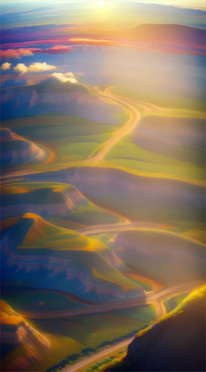 a painting of the sun shining over a valley, a detailed matte painting by Makoto Shinkai, cgsociety, american scene painting, terragen, matte painting, anime