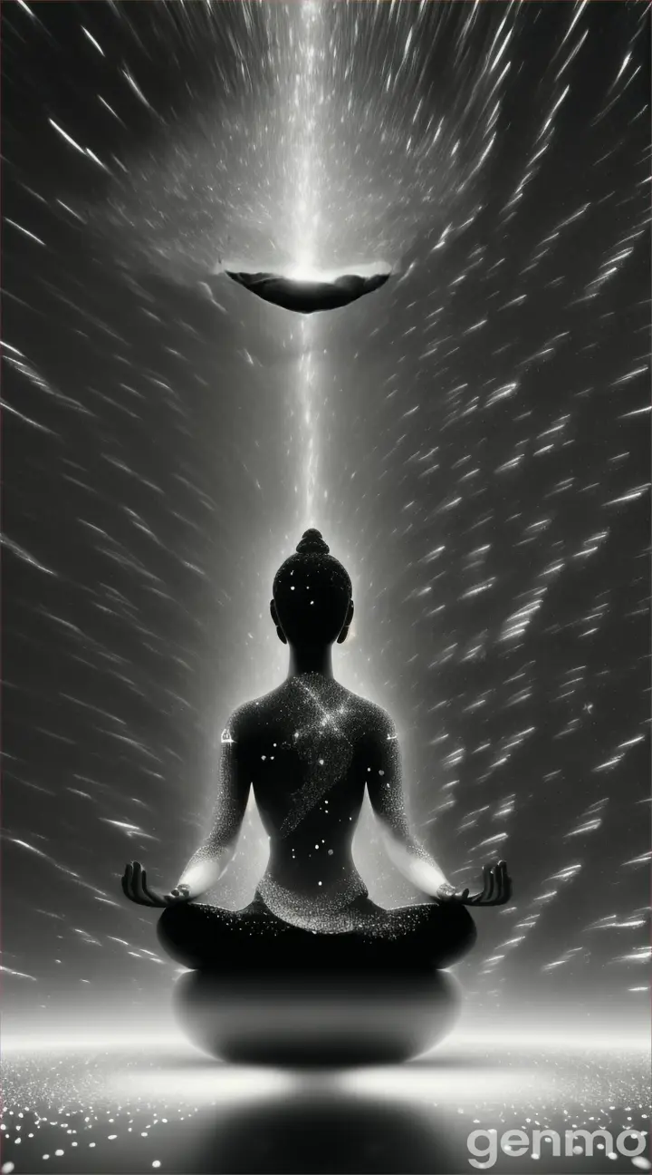 A meditating figure into a glittering galaxy, with the stars raining down around them in a surreal, sparkling shower Black and white composition black figure above flat earth  