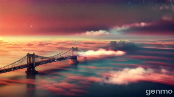 Bridge in the style of interstellar nebulae, redscale film, animated gifs, soft pastels, pointillist dots and specks, aerial view, ethereal cloudscapes