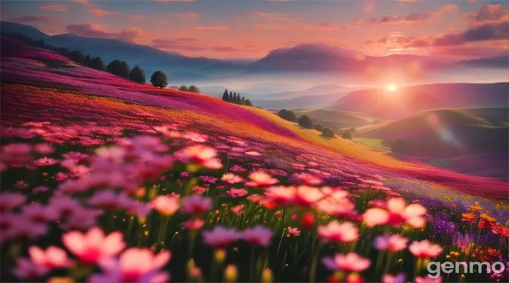 A breathtaking, hyper-realistic landscape unfolds, showcasing an expansive field of vibrant, blooming flowers. The image captures a moment of stillness, as if the viewer has paused time itself to reach out and touch the petals. The spread of flowers, a riot of colors, creates a mesmerizing tableau that blurs the line between reality and dream.