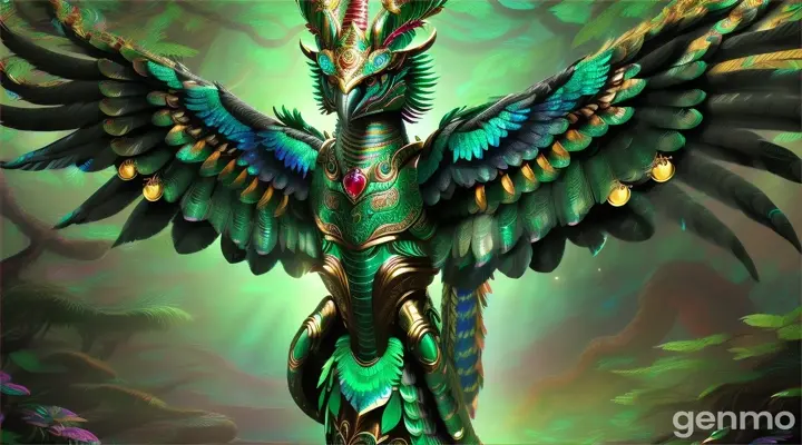 Full body, black background, HD, Quetzalcoatl, a mythical creature from Aztec mythology, emerges from a dense forest and its scales shine with iridescent and phosphorescent tones. He wears ceremonial armor adorned with jade, rubies and emeralds and his eyes shine with ancient wisdom and power.A digital painting of a man in a villainous costume, with a menacing expression and dark background with only his face highlighted
