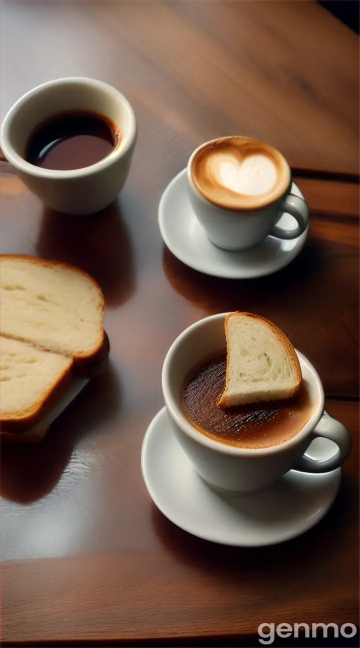 a high quality professional photo of a cup of coffee and a sandwich on a wooden table, breakfast, morning routine, cozy, warm colors, food photography, top view, close up, delicious, rustic, natural light, appetizing, simple composition