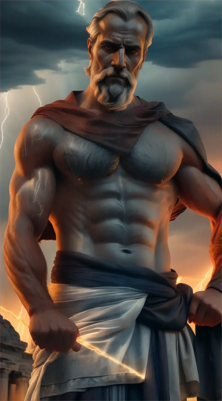 ancient greek Stoic portrait, Seneca with 6 packs abs amidst  a thunderstorm, with rain in a dark sky and lightning illuminating his six-pack abs and draped cloth around the shoulder.” the environment is ruined with fire. Amidst ancients ruins