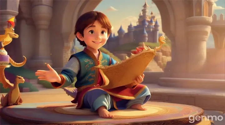 A birthday boy sitting on a flying carpet, holding a piece of cake in one hand and waving at a friendly dragon with the other