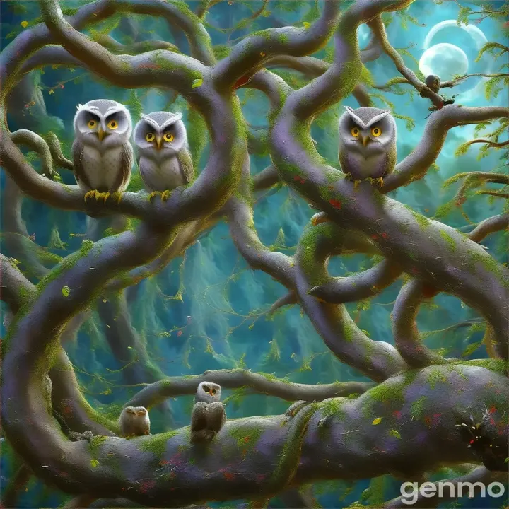 two owls sitting in a tree with a full moon in the background