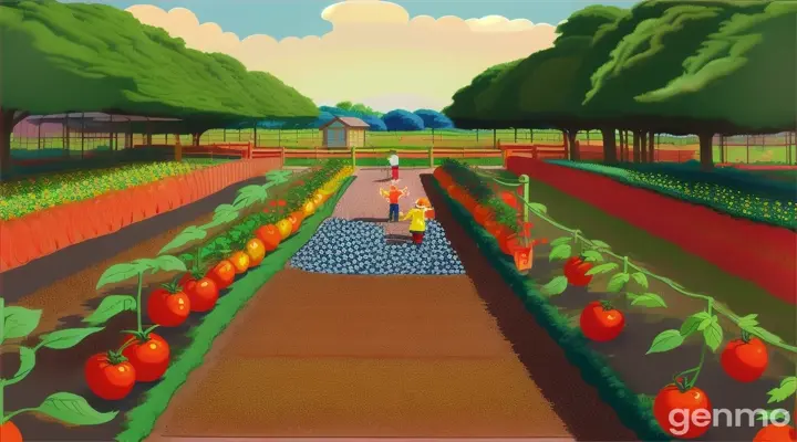 Animated tomatoes garden and kids playing