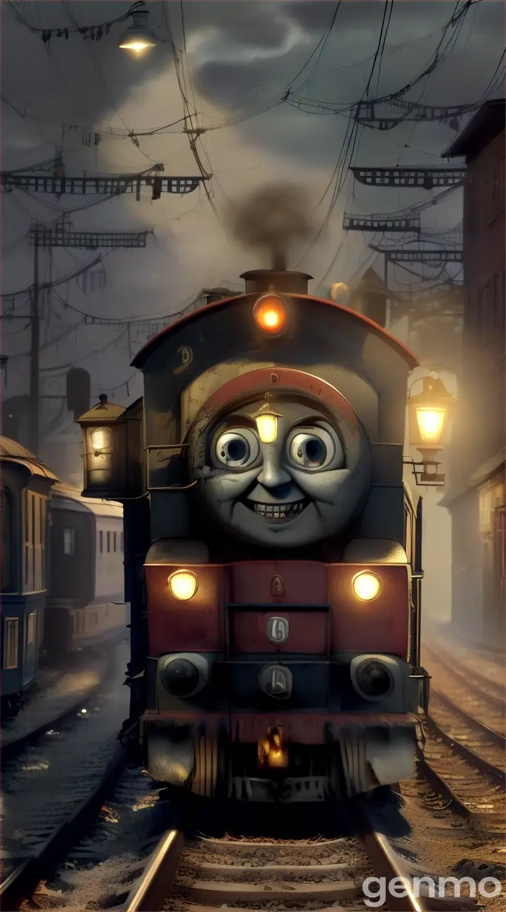 "Create a high-definition, animated video featuring a horrifying version of Thomas the Train. Ensure Thomas retains his iconic train face but with grotesque modifications: giant spider legs, an old, wrinkled train face, and sharp, dirty teeth. Set the scene in a crowded street at twilight, using a cinematic style to enhance the eerie atmosphere. His train face should look aged and sinister, with dirty, menacing teeth gleaming under the dim, flickering streetlights. His eyes should glow with malevolence. Use smooth, high-resolution animation, detailed textures, and dramatic lighting to emphasize the horror as Thomas the Train moves menacingly through the crowd, causing fear and chaos among the people. Maintain the recognizable features of Thomas the Train, ensuring the face remains train-like, not human."

Seed: 2055344838