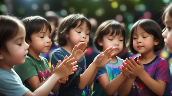 realistic:00:29-00:32 | Action: Clap your hands | Description: Children clap hands together in front of their body