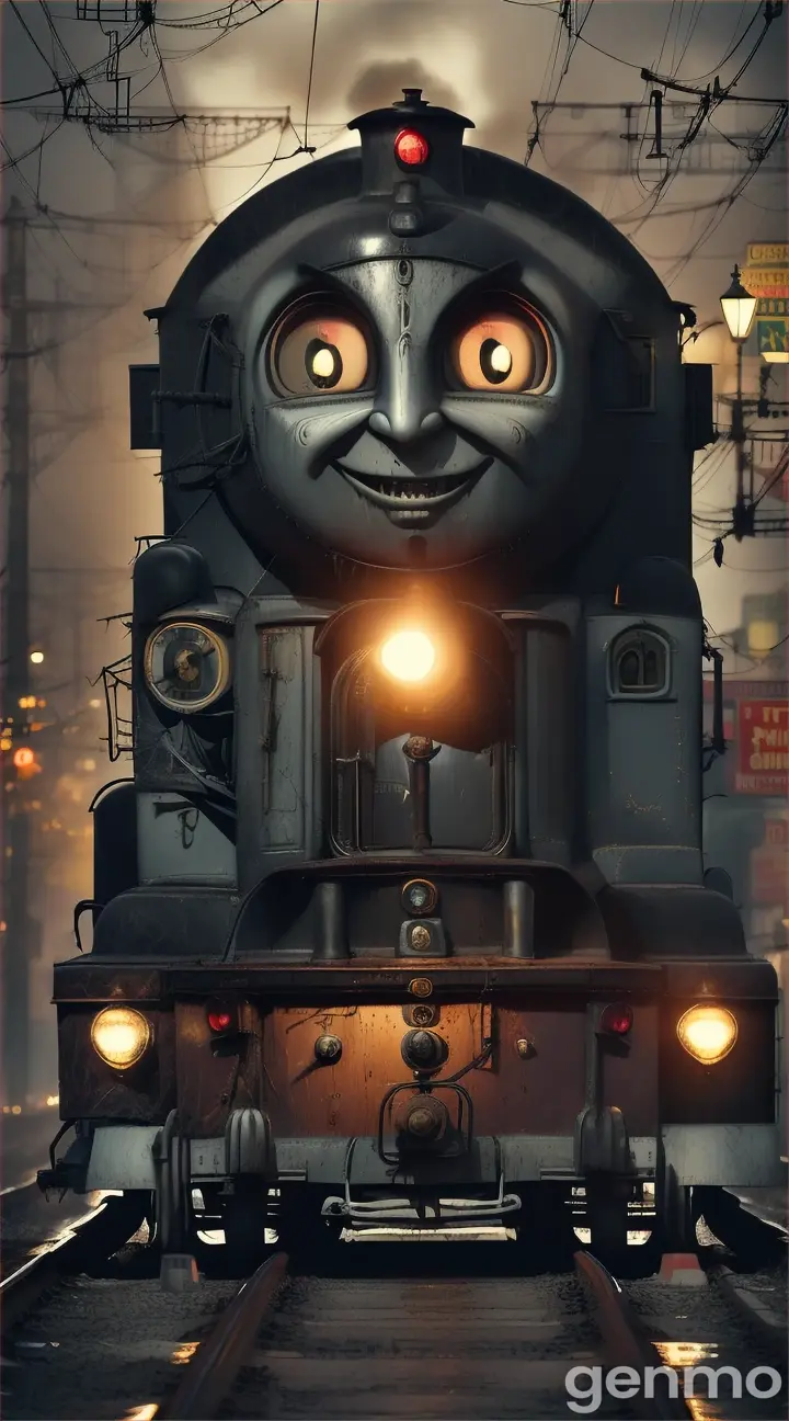 Thomas the Train. Ensure Thomas retains his iconic train face but with grotesque modifications: giant spider legs, an old, wrinkled train face, and sharp, dirty teeth. Set the scene in a crowded street at twilight, using a cinematic style to enhance the eerie atmosphere. His train face should look aged and sinister, with dirty, menacing teeth gleaming under the dim, flickering streetlights. His eyes should glow with malevolence. The animation should include a dense crowd of people reacting with fear and chaos as Thomas moves menacingly through them. Use smooth, high-resolution animation, detailed textures, and dramatic lighting to emphasize the horror as Thomas the Train with giant spider legs causes panic among the people. Ensure the train face remains recognizable as Thomas the Train, with added creepy features, and depict the crowd clearly reacting to the terror
Seed: 2055344838
