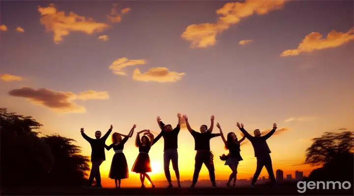 sky, cloud, flash photography, happy, gesture, people in nature, dusk, sunset, fun, building