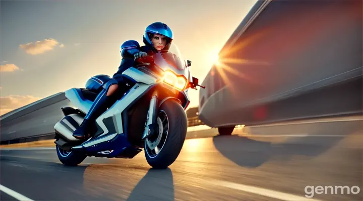 View from afar - a girl rushing forward, from the depth of the frame to the camera, at high speed on a motorcycle. Beautiful photorealistic girl with dark red hair and blue eyes, wearing a silver tight futuristic suit, riding a super modern futuristic silver colored motorcycle at high speed on the highway, wheels spinning, passing by silver , blue alien landscapes and mirrored pink clouds, blue mirrored sky, vivid colors, intricate detail, high detail, realistic, cinematic, studio, wide angle lens, half angle, sharp focus, better shadows, depth of field, ultra realistic detailed lighting, volumetric lighting, cinematic lighting, dramatic lighting, rays of light, film, 8k, hdr, high resolution

