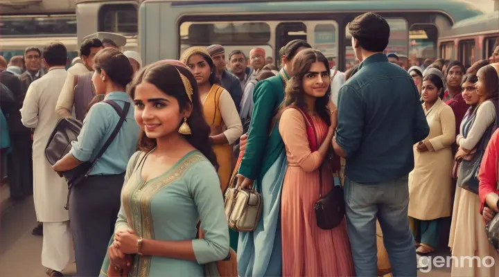A bustling train station platform filled with passengers and vendors. A young woman (18, shy demeanor, dressed in a simple salwar kameez) waits anxiously for her train. A charming young man (20s, confident smile, carrying a guitar case) bumps into her accidentally. Their eyes meet, a shy smile blossoms on the woman's face.