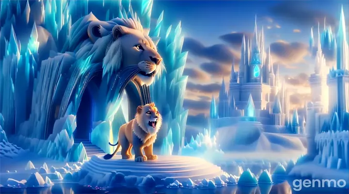 a lion standing in front of a frozen castle