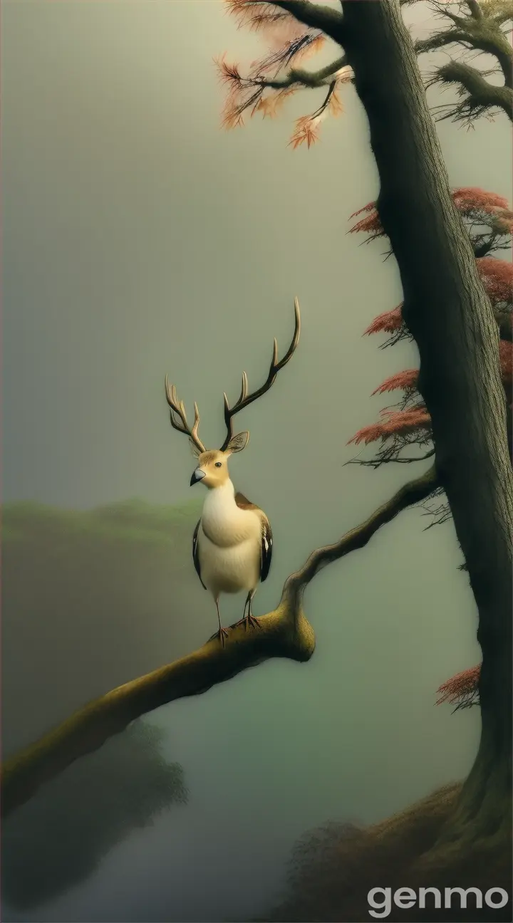 A bird with a deer's head on a branch 