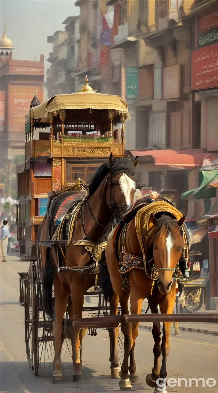 8k wide shot of a 23-year-old Pakistani man with worn, earth-toned clothing and a worn leather turban, driving his simple, ornate horse-drawn carriage with intricate wooden carvings, fast running down a busy Lahore road amidst a kaleidoscope of colorful street vendors, vibrant billboards, and historic architecture