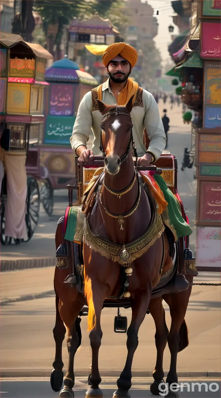 8k wide shot of a 23-year-old Pakistani man with worn, earth-toned clothing and a worn leather turban, driving his simple, ornate horse-drawn carriage with intricate wooden carvings, fast running down a busy Lahore road amidst a kaleidoscope of colorful street vendors, vibrant billboards, and historic architecture