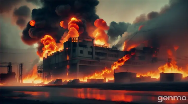 Cinematic, factory engulfed in flames, realistic photography, intense and chaotic scene, thick smoke --ar 16:9