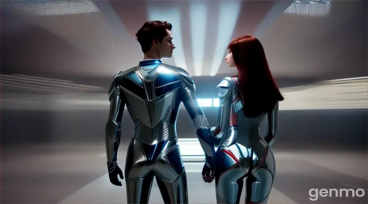 beautiful photorealistic girl with dark red hair and blue eyes in silver tight futuristic suit standing in a mirrored room, behind her there is a handsome dark haired guy behind her, he is holding the girl by her shoulders, floor and ceiling in mirrored slabs, black futuristic background behind mirrors, she is looking at her reflection. vivid colors, intricate details, high detail, realistic, cinematic, studio shooting, wide angle lens, half angle, sharp focus, best shadows, depth of field, ultra realistic detailed lighting, volumetric lighting, cinematic lighting, dramatic lighting, rays of light, cinema, 8k, hdr, high resolution”