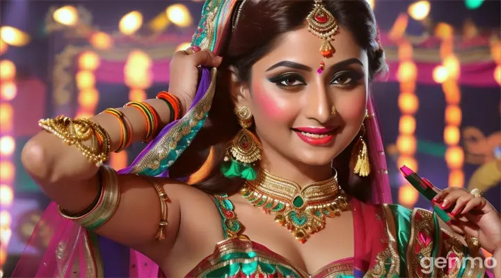 Scene: A stunning Bollywood actress leads an item song during a vibrant Indian festival. Colorful decorations, festive lights, and a large crowd create a lively atmosphere.
Costume: The actress wears a bright, traditional ghagra choli with intricate patterns, adorned with bangles and a maang tikka.
Mood: Joyous and festive, with a celebratory ambiance.
Camera Angles: Wide shots of the festival, close-ups of the actress, and dynamic shots of the dancing crowd.