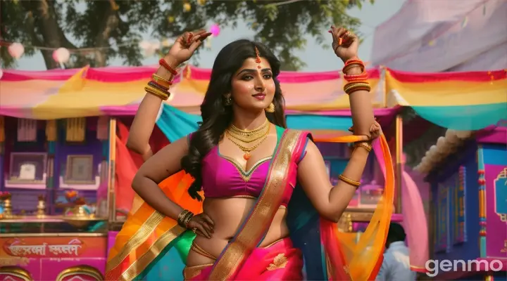 Scene: A popular Bollywood actress performs an energetic item song at a bustling village fair. The fair features colorful stalls, traditional games, and a lively crowd.
Costume: The actress wears a vibrant saree with a modern twist, paired with ethnic jewelry and anklets.
Mood: Playful and lively, capturing the essence of rural India.
Camera Angles: Wide shots of the fair, close-ups of the actress, and dynamic shots of the crowd enjoying the festivities.