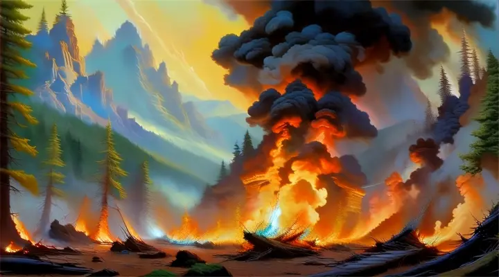 a painting of a forest filled with lots of fire