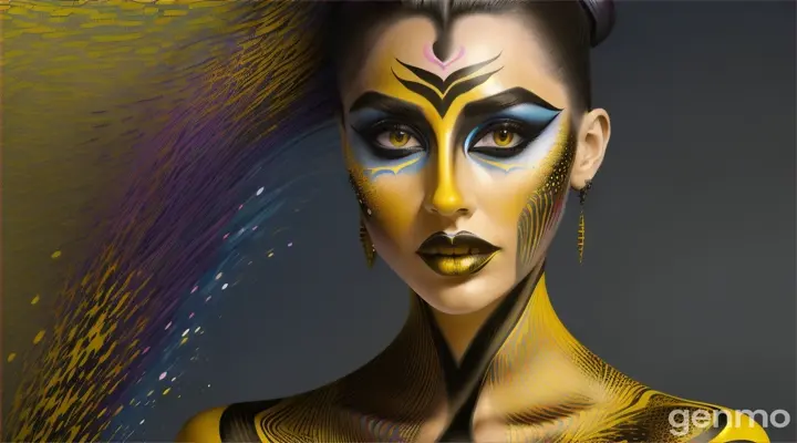 A detailed 3D illustration featuring a surrealistic portrait of a woman, her face painted in 3D, her skin painted to match the walls, and her body painted in a 3D pattern. The 3D block pattern consists of three vertical 3D stripes, alternating yellow and black, creating a sense of depth, order, and uniformity. The overall color palette is vibrant, with the dominant colors being thin, small neon-light yellow, on a wet black cement background, with exploding acrylic and watercolor paint explosions.