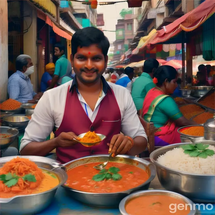 Man eating    Chettinad Chicken**: A spicy chicken curry from the Chettinad region, known for its bold flavors and aromatic spices   at colorful, bustling street market with vibrant textiles and produce